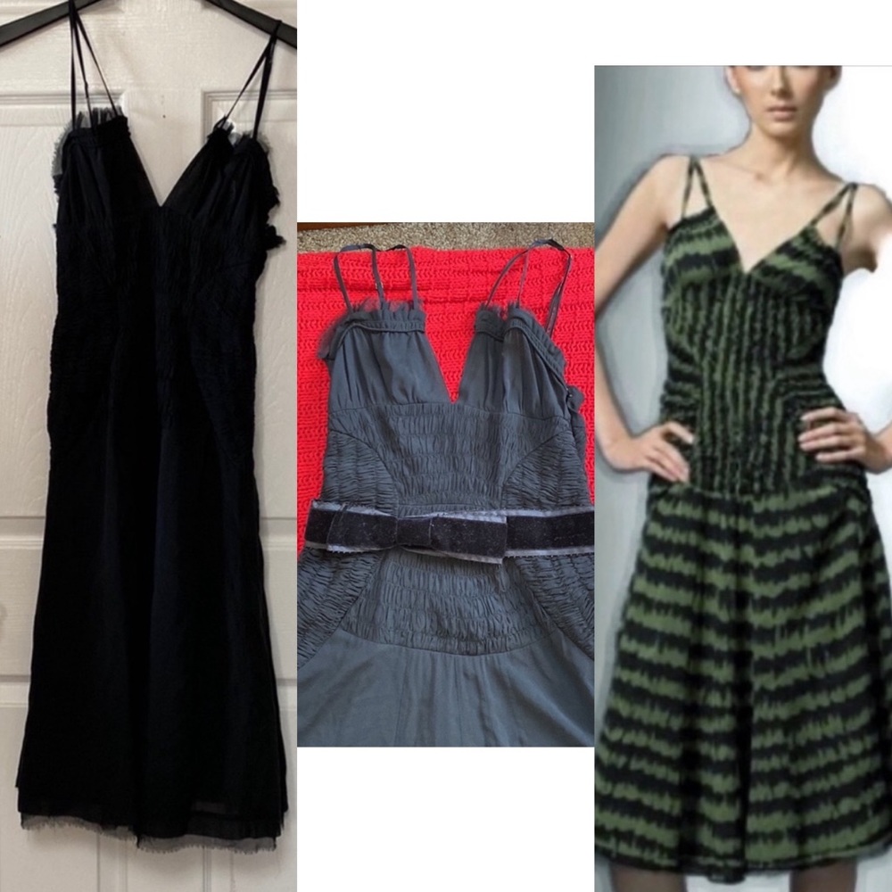 L.A.M.B Gwen Black Silk Gathered Evening Dress with Velvet Belt